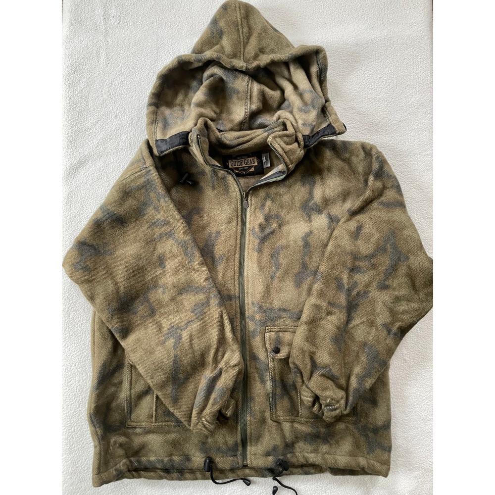 Vintage Guide Gear Thick Acrylic Fleece Jacket Mens XL Camo Hooded Quiet Hunting